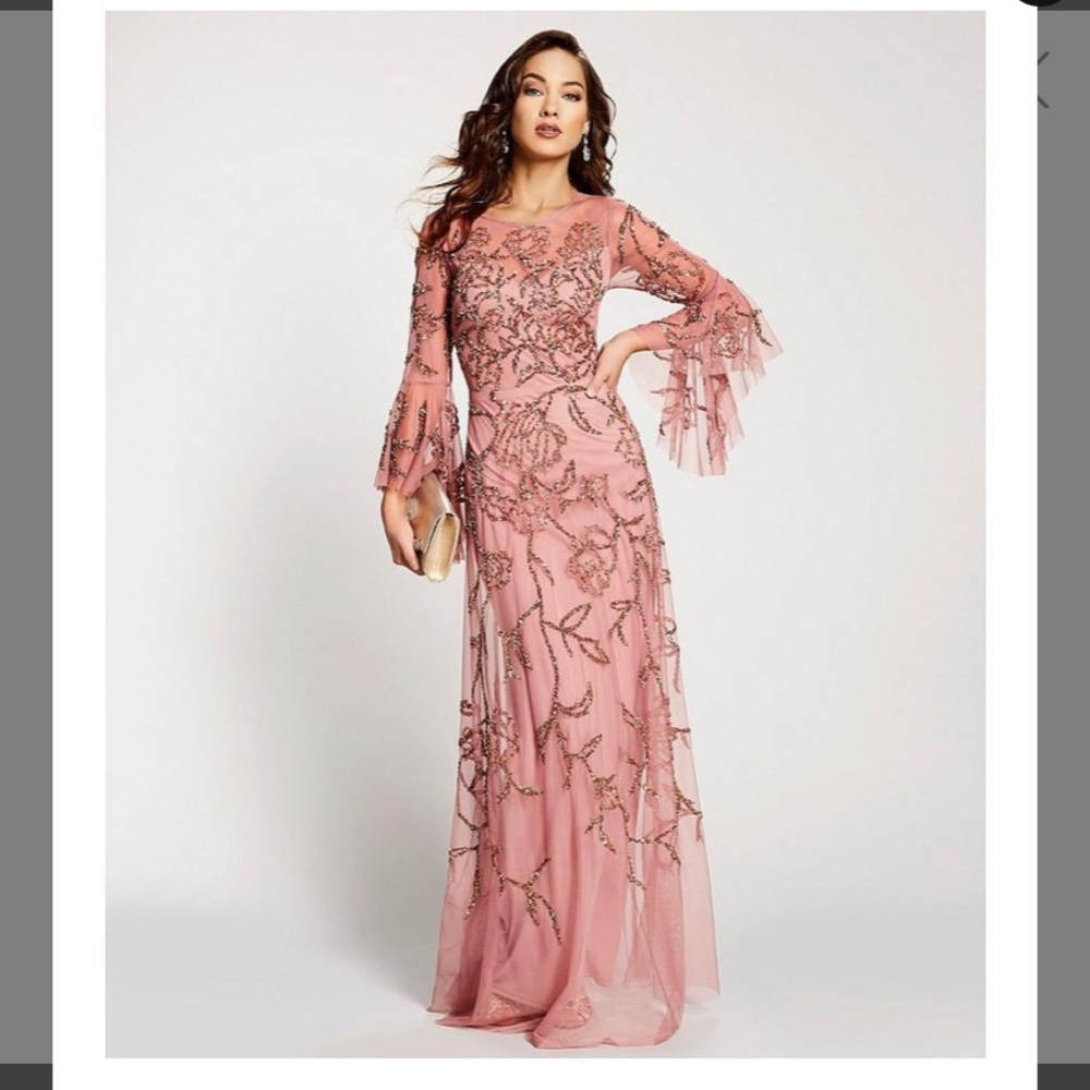 Aidan Mattox beaded gold 3/4 ruffle bell sleeve long gown - Picture 9 of 16